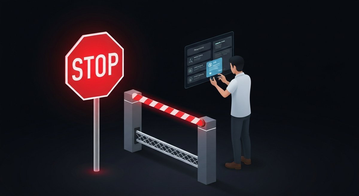 AI coding agent blocked at a deployment gate checkpoint, abstract visualization of human-in-the-loop authorization