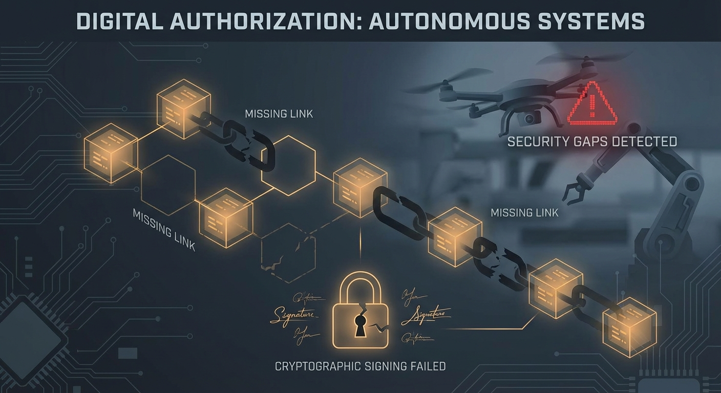 Digital authorization and cryptographic signing visualization showing security gaps in autonomous system approval chains